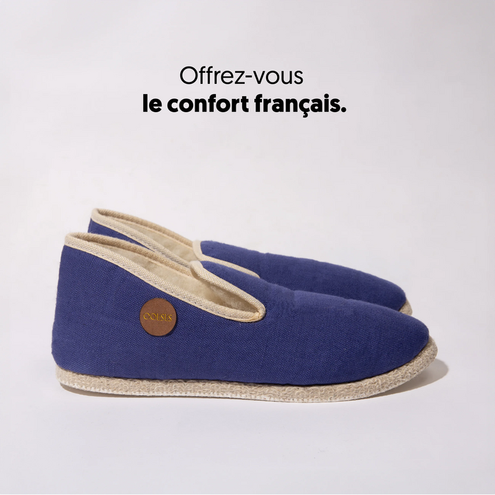 Charentaises homme femme COUSUS Lin Bleu Celeste profil