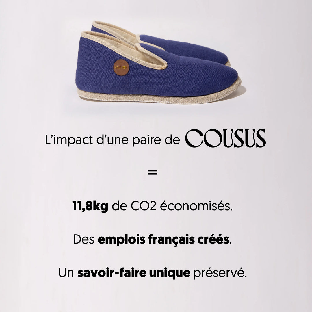 Charentaises homme femme COUSUS Lin Bleu Celeste impact positif