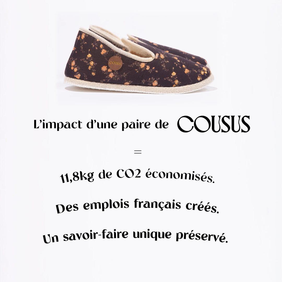 Charentaises homme femme COUSUS eclipse florale impact positif